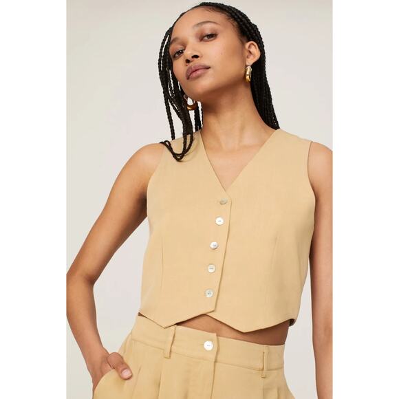 NWT‎ Donni. Twill Crop Vest in Sand Beige Tan V Neck Medium Neutral Minimal - Picture 1 of 9